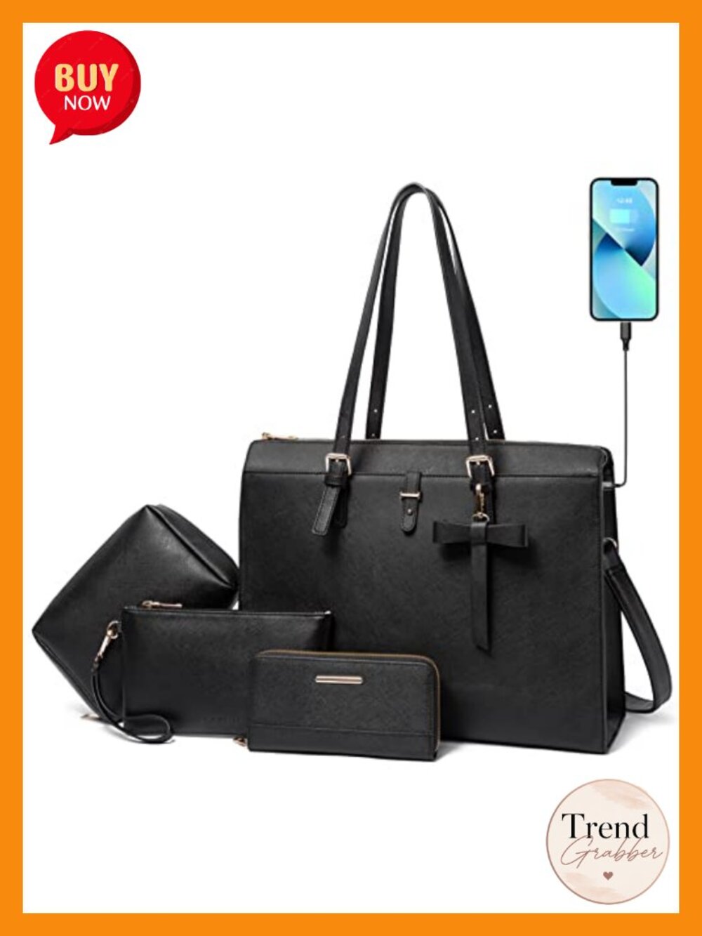 Large Leather Laptop Briefcase with USB Charging Port, PU Leather Shoulder Tote